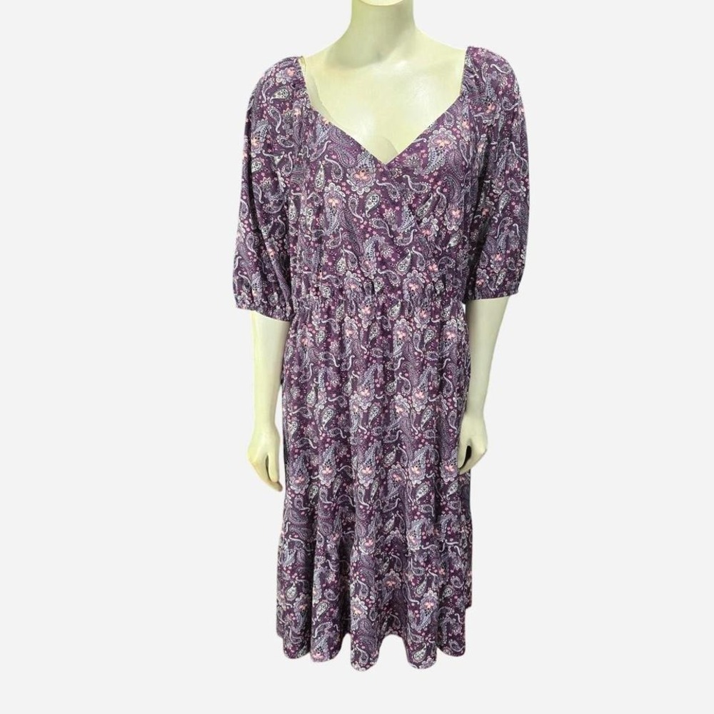 Luxology Purple Paisley Floral Midi Dress Women's SizeL V-Neck Short Sleeve Boho